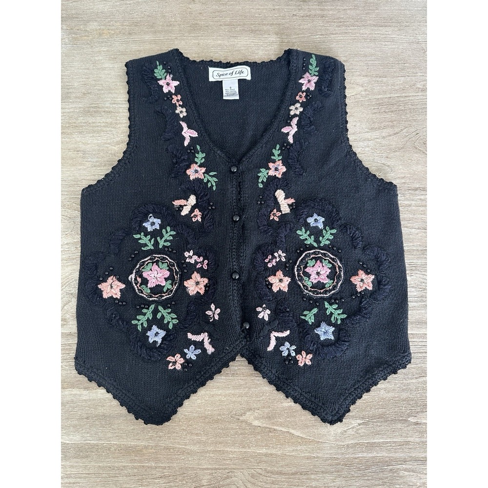 VTG Button Embroidered Vest Black Floral Grandma Cottage Cotton Ramie Women S